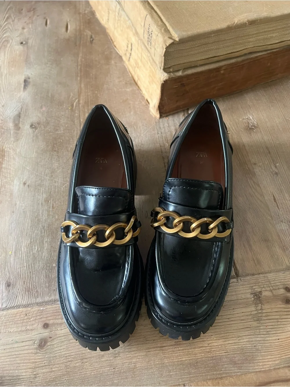 Zara woman’s Black Leather Loafers with Gold Chain